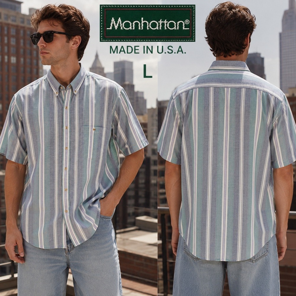 Manhattan Mens Large Green Blue Striped Short Sleeve Button Down Shirt USA Made